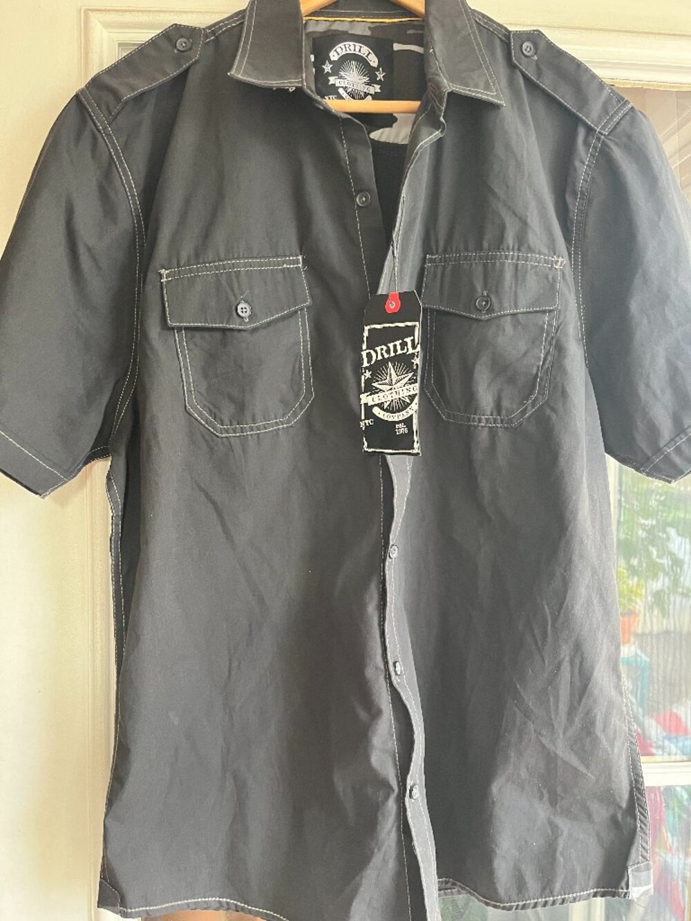 Drill Clothing Co Mens XL Short Sleeve Button Down Shirt Black white stitching